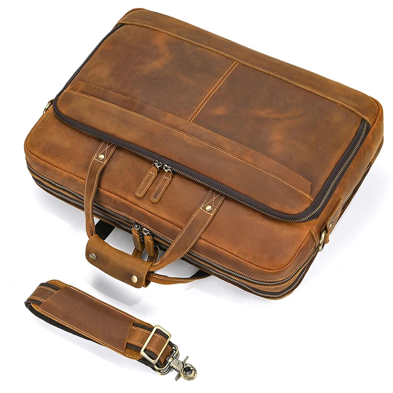 Crazy Horse Genuine Leather Men Briefcase Vintage 16 inch Big Business Laptop Handbag Large Cowhide Messenger Shoulder Bag Man
