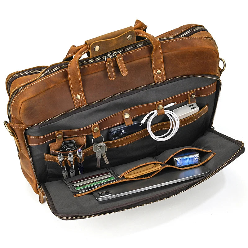 Crazy Horse Genuine Leather Men Briefcase Vintage 16 inch Big Business Laptop Handbag Large Cowhide Messenger Shoulder Bag Man