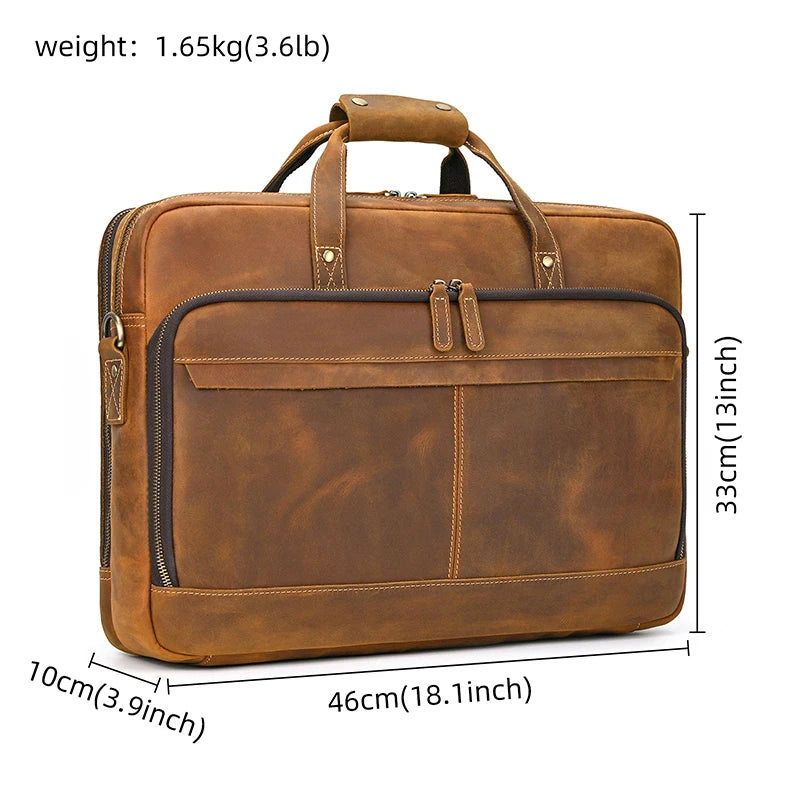 Crazy Horse Genuine Leather Men Briefcase Vintage 16 inch Big Business Laptop Handbag Large Cowhide Messenger Shoulder Bag Man