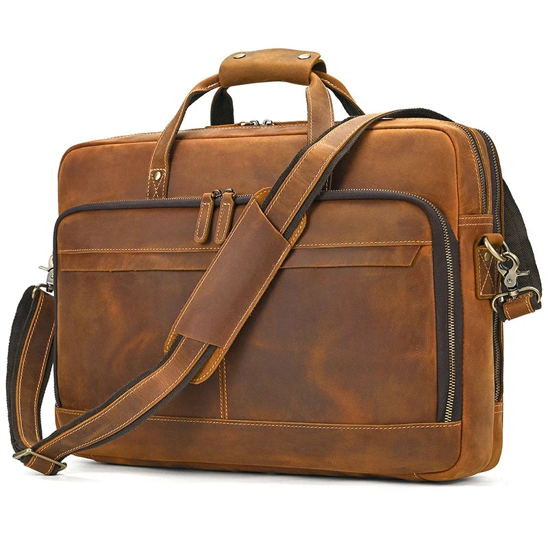 Crazy Horse Genuine Leather Men Briefcase Vintage 16 inch Big Business Laptop Handbag Large Cowhide Messenger Shoulder Bag Man