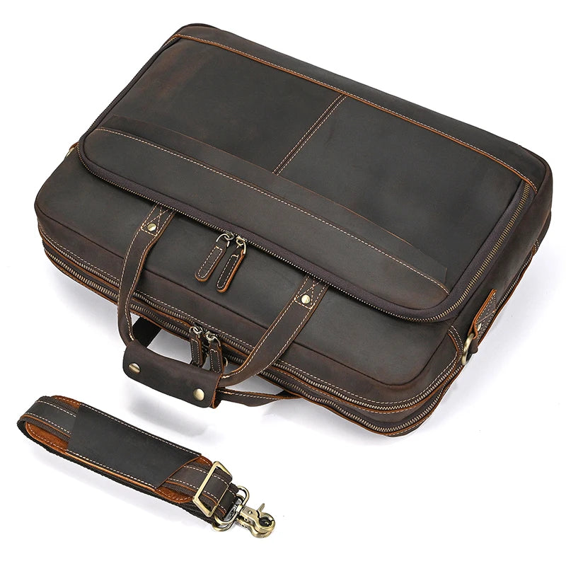Crazy Horse Genuine Leather Men Briefcase Vintage 16 inch Big Business Laptop Handbag Large Cowhide Messenger Shoulder Bag Man
