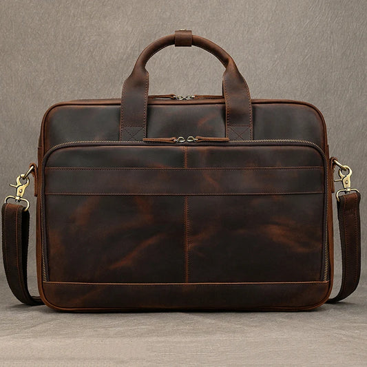 Crazy Horse Genuine Leather Men Briefcase Vintage 16 inch Big Business Laptop Handbag Large Cowhide Messenger Shoulder Bag Man